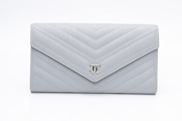 CHANEL Caviar Chevron Quilted Large Gusset Flap Wallet Grey