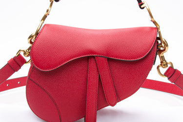 DIOR Red Grained Calfskin Mini Saddle Bag with Strap Shoulder/ Crossbody Bag