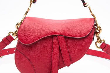 DIOR Red Grained Calfskin Mini Saddle Bag with Strap Shoulder/ Crossbody Bag