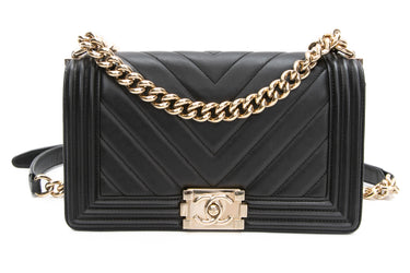 CHANEL Black Calfskin Chevron Quilted Medium Boy Flap