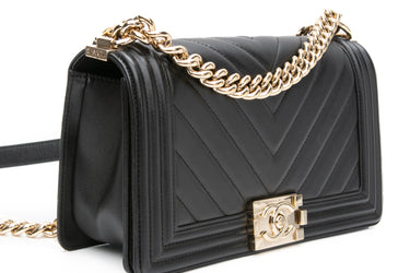 CHANEL Black Calfskin Chevron Quilted Medium Boy Flap