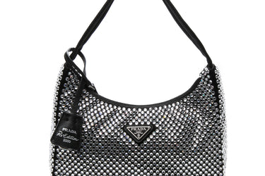 PRADA Re-Edition 2000 Mini Black Satin Bag With Crystals