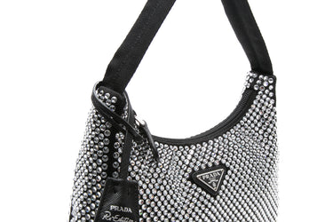 PRADA Re-Edition 2000 Mini Black Satin Bag With Crystals