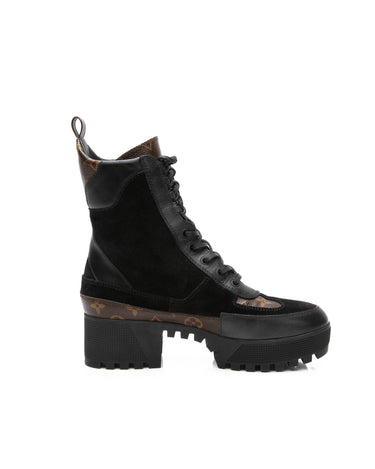 Louis Vuitton ブラック レザーブーツ 7.5 LOUIS VUITTON Monogram Black Suede Calfskin Leather Laureate
