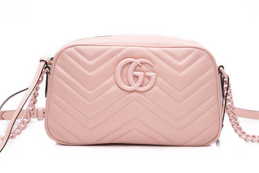 GUCCI Perfect Pink Calfskin Matelasse Monochrome Small GG Marmont Chain Shoulder Bag (New)