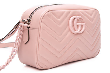 GUCCI Perfect Pink Calfskin Matelasse Monochrome Small GG Marmont Chain Shoulder Bag (New)