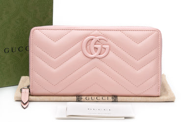 GUCCI Perfect Pink Chevron Leather GG Marmont Zip Around Wallet (New)