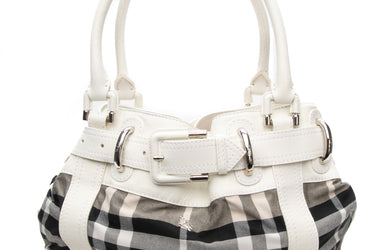 BURBERRY Black and White Check Beaton Leather Handle Bag