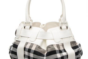 BURBERRY Black and White Check Beaton Leather Handle Bag