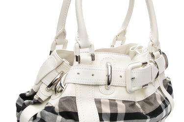 BURBERRY Black and White Check Beaton Leather Handle Bag
