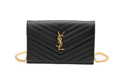 SAINT LAURENT Black Leather Classic Cassandre Chain Wallet in Grain De Poudre