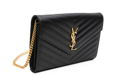 SAINT LAURENT Black Leather Classic Cassandre Chain Wallet in Grain De Poudre