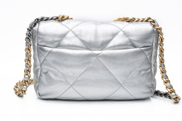 CHANEL Silver Metallic Goatskin Quilted Medium Chanel 19 Flap Bag