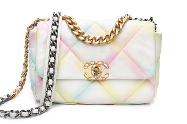 CHANEL White Multicolor Goatskin Quilted Chanel 19 Flap Bag