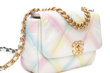 CHANEL White Multicolor Goatskin Quilted Chanel 19 Flap Bag