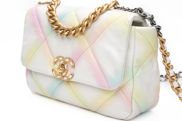 CHANEL White Multicolor Goatskin Quilted Medium Chanel 19 Flap Bag