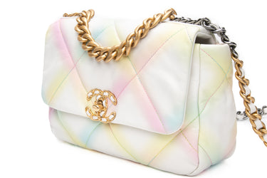 CHANEL White Multicolor Goatskin Quilted Chanel 19 Flap Bag