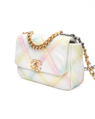 CHANEL White Multicolor Goatskin Quilted Chanel 19 Flap Bag