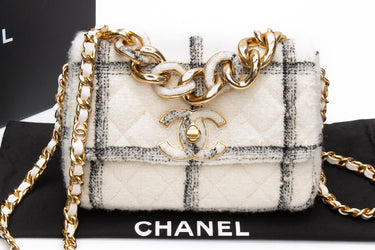 CHANEL White Wool Tweed Quilted Small Elegant Chain Flap Bag