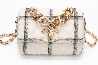 CHANEL White Wool Tweed Quilted Small Elegant Chain Flap Bag