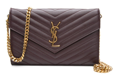 SAINT LAURENT Rouge Cabernet Grain De Poudre Matelasse Chevron Monogram Chain Wallet WOC