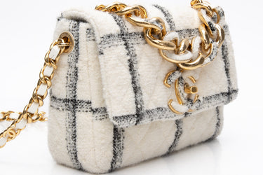 CHANEL White Wool Tweed Quilted Small Elegant Chain Flap Bag