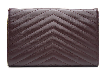 SAINT LAURENT Rouge Cabernet Grain De Poudre Matelasse Chevron Monogram Chain Wallet WOC