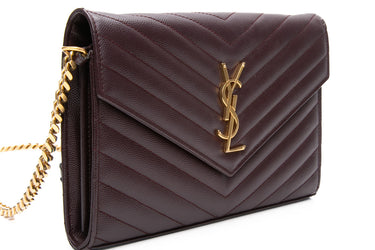SAINT LAURENT Rouge Cabernet Grain De Poudre Matelasse Chevron Monogram Chain Wallet WOC