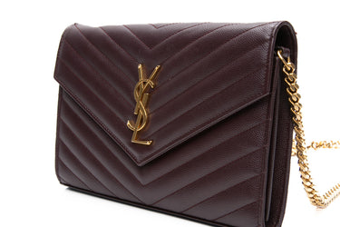 SAINT LAURENT Rouge Cabernet Grain De Poudre Matelasse Chevron Monogram Chain Wallet WOC