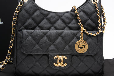 CHANEL Black Caviar Quilted Wavy CC Hobo Crossbody Bag