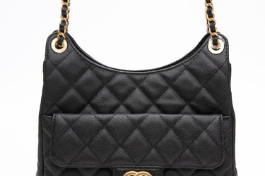 CHANEL Black Caviar Quilted Wavy CC Hobo Crossbody Bag