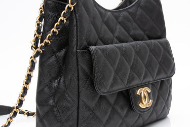 CHANEL Black Caviar Quilted Wavy CC Hobo Crossbody Bag