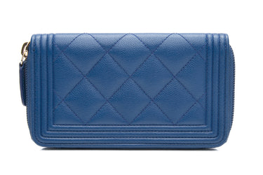 CHANEL Medium Blue Caviar Quilted Zip Around Boy Wallet