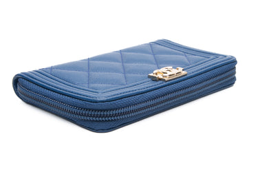 CHANEL Medium Blue Caviar Quilted Zip Around Boy Wallet