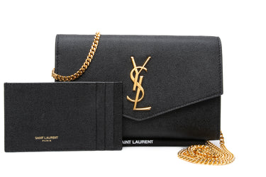 SAINT LAURENT Black Grain De Poudre Uptown Chain Wallet Crossbody Bag