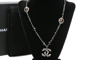 CHANEL Ruthenium Black and Grey Faux Pearl CC Necklace