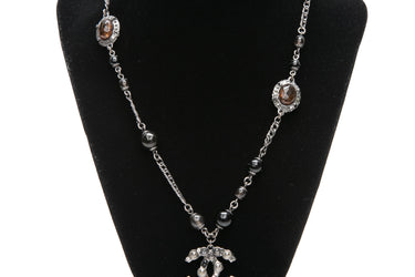 CHANEL Ruthenium Black and Grey Faux Pearl CC Necklace