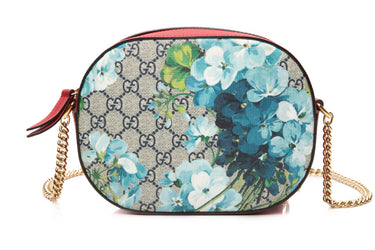 GUCCI Beige Blue Navy Hibiscus Red GG Supreme Monogram Blooms Mini Chain Shoulder Bag