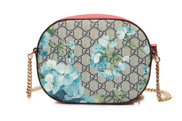 GUCCI Beige Blue Navy Hibiscus Red GG Supreme Monogram Blooms Mini Chain Shoulder Bag