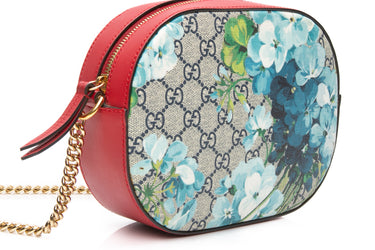 GUCCI Beige Blue Navy Hibiscus Red GG Supreme Monogram Blooms Mini Chain Shoulder Bag