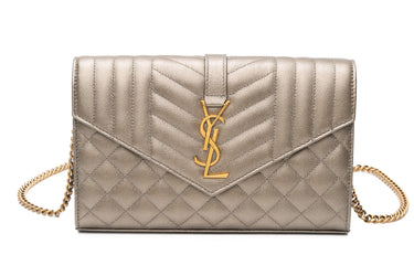 SAINT LAURENT Piombo Metallic Grain De Poudre Mixed Matelasse Triquilt Monogram Wallet on Chain