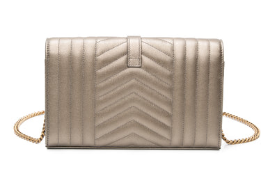 SAINT LAURENT Piombo Metallic Grain De Poudre Mixed Matelasse Triquilt Monogram Wallet on Chain