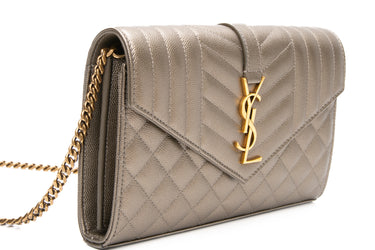 SAINT LAURENT Piombo Metallic Grain De Poudre Mixed Matelasse Triquilt Monogram Wallet on Chain