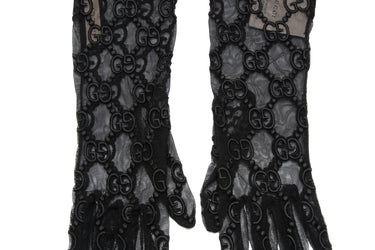 GUCCI Black GG Monogram Embroidered Tule Sheer Gloves Small (NEW)