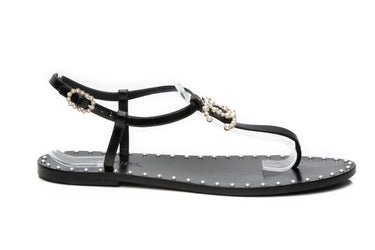 CHANEL Black Patent Pearls CC Thong Sandals 40