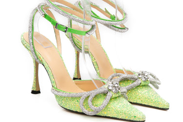 MACH & MACH Green Glitter Double Bow Ankle Strap High Heels 39 (New)