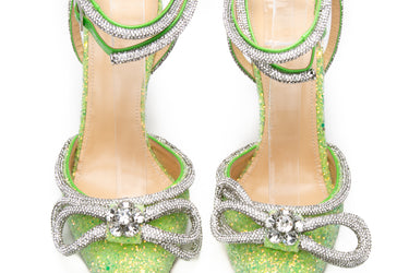 MACH & MACH Green Glitter Double Bow Ankle Strap High Heels 39 (New)
