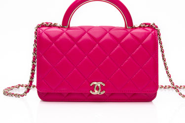 CHANEL 22A Fuchsia Calfskin Quilted Top Handle Wallet on Chain WOC