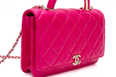 CHANEL 22A Fuchsia Calfskin Quilted Top Handle Wallet on Chain WOC