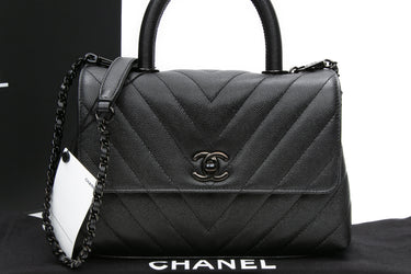 CHANEL So Black Caviar Chevron Quilted Mini Coco Handle Flap Bag